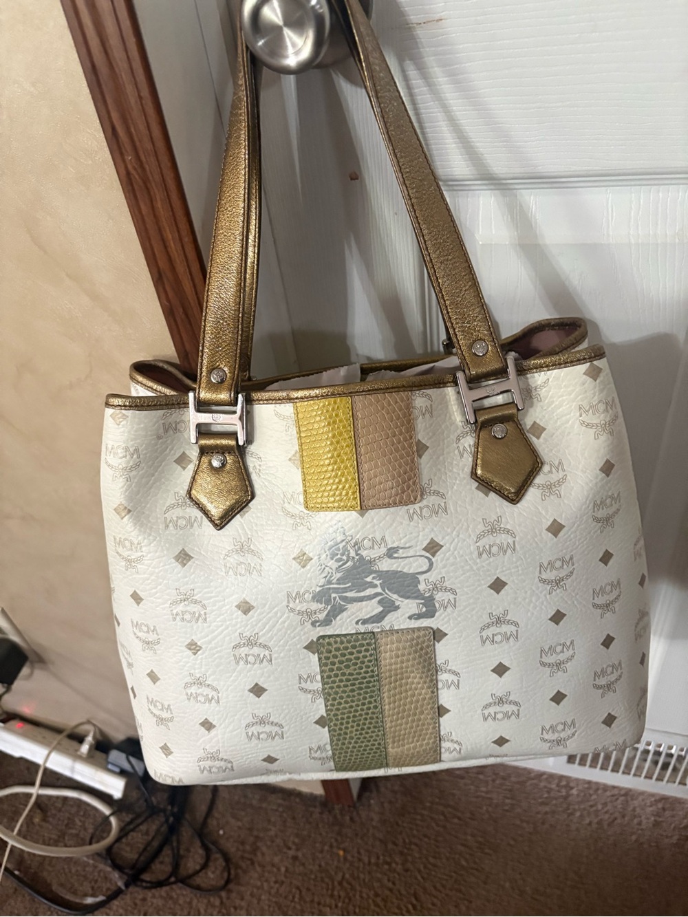 MCM White Logo Canvas Shoulder Tote with Gold Trim and Multicolor Stripes